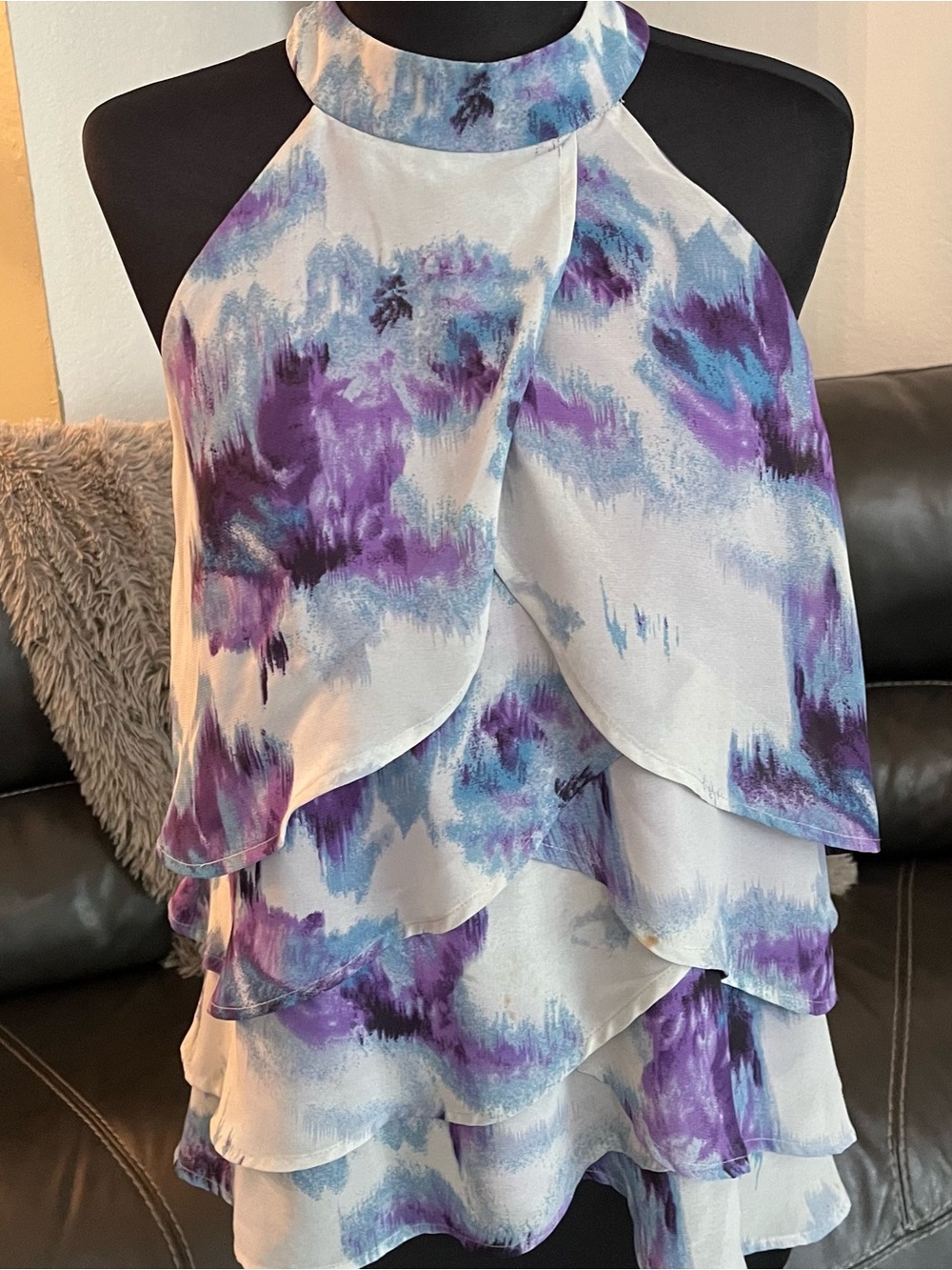 Jonathon Martin’s Tiered Halter Blouse in Purple & Blue Watercolor Print size L